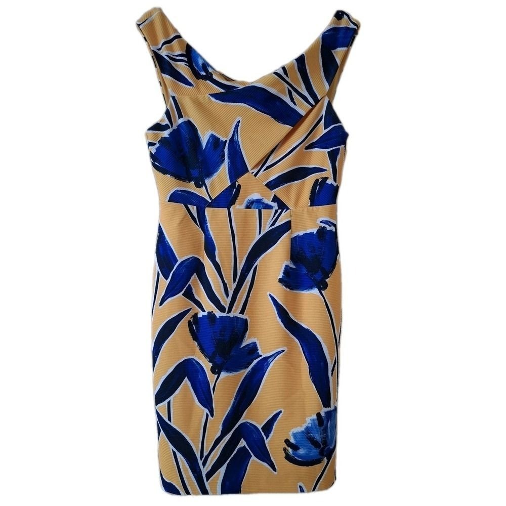 Antonio Melani Katherine Dress 12 Womens Yellow Blue Excellent Floral Sheath